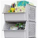 Skywin Plastic Stackable Storage Bins for Pantry - 2 Pack Stackable Bins for Organizing Food, Kitchen, and Bathroom Essentials (Light Grey)