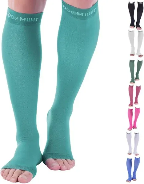 Doc Miller Open Toe Compression Socks, 20-30 mmHg, Toeless, Support Circulation, Shin Splints, Calf Recovery, Post Op, Knee High, Medical Grade, Teal Socks, Small Size for Men & Women, Pair