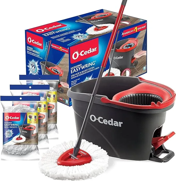 O-Cedar EasyWring Microfiber Spin Mop & Bucket Floor Cleaning System with 3 Extra Refills