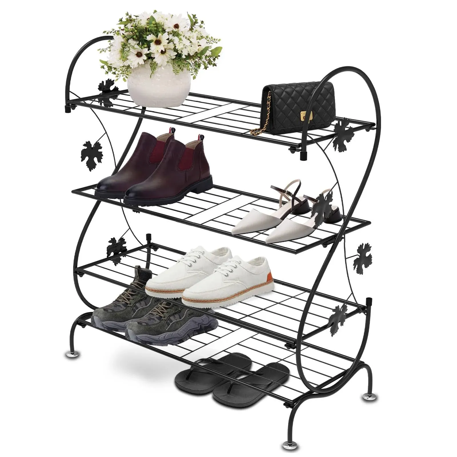 Nijoam 4-Tier Shoe Rack Storage, Metal Wire - Weatherproof Shoe Shelf Stand for Outdoor, Entryway, Organizer - Black -27inch