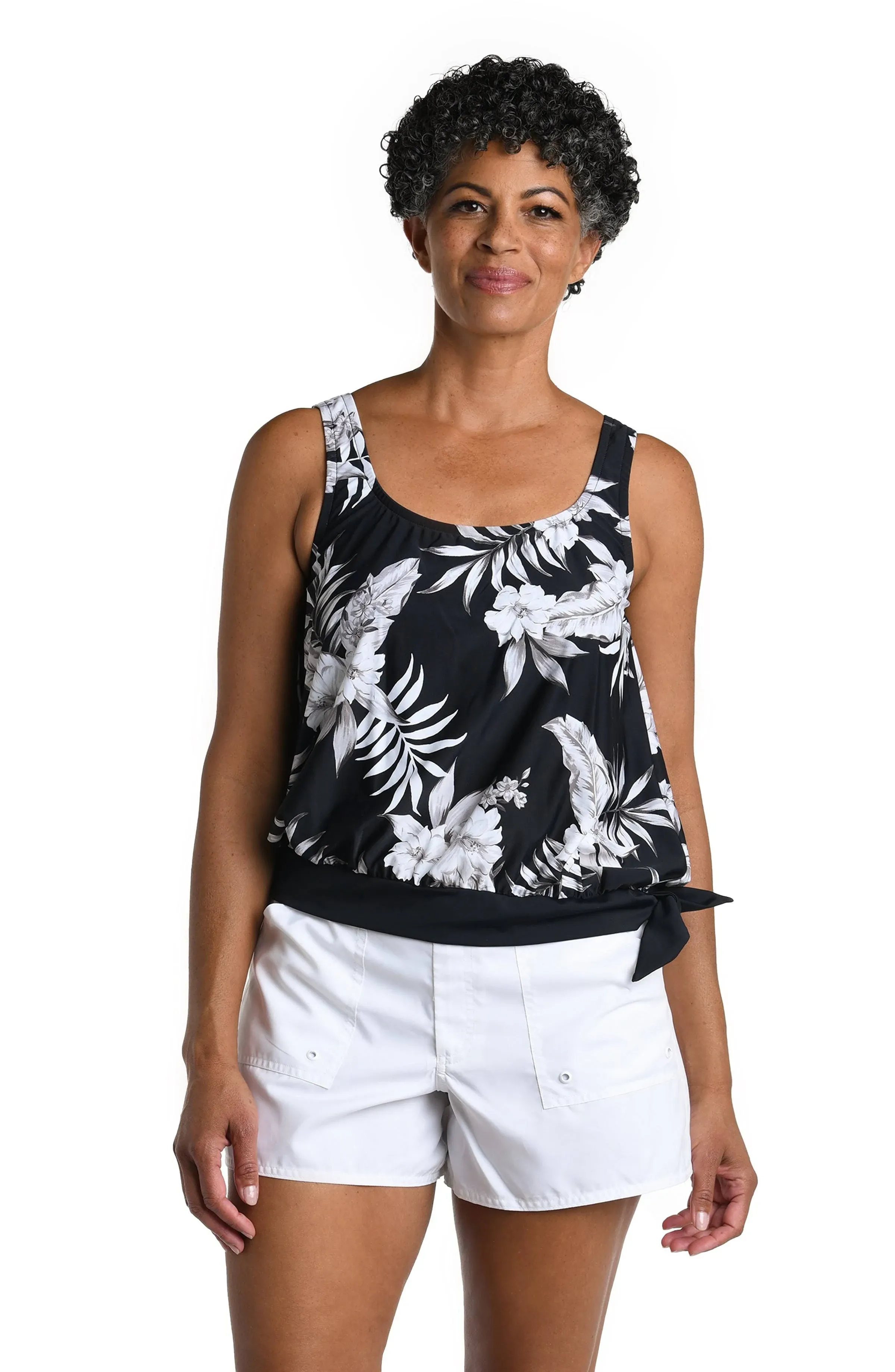 Maxine Women's Tropic Paradise Banded Scoop Blouson Tankini Top - Black ...