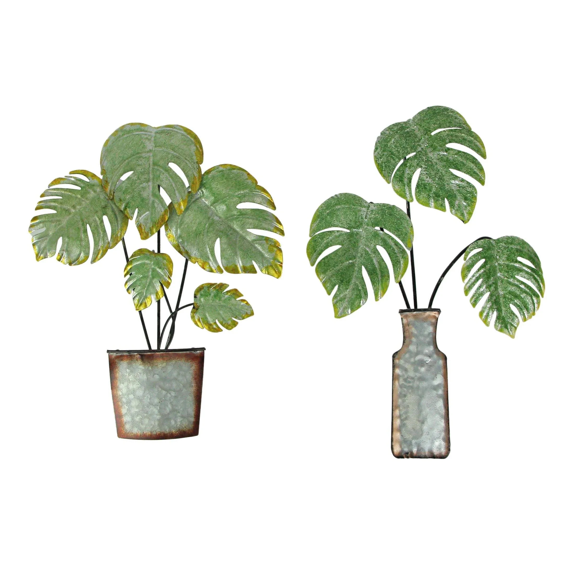 Zeckos Set of 2 Green and Grey Metal Tropical Monstera Potted Plant Wall Sculptures - - Great for Kitchens and Bathrooms - Boho Home Accents - 16 and 14 Inches High