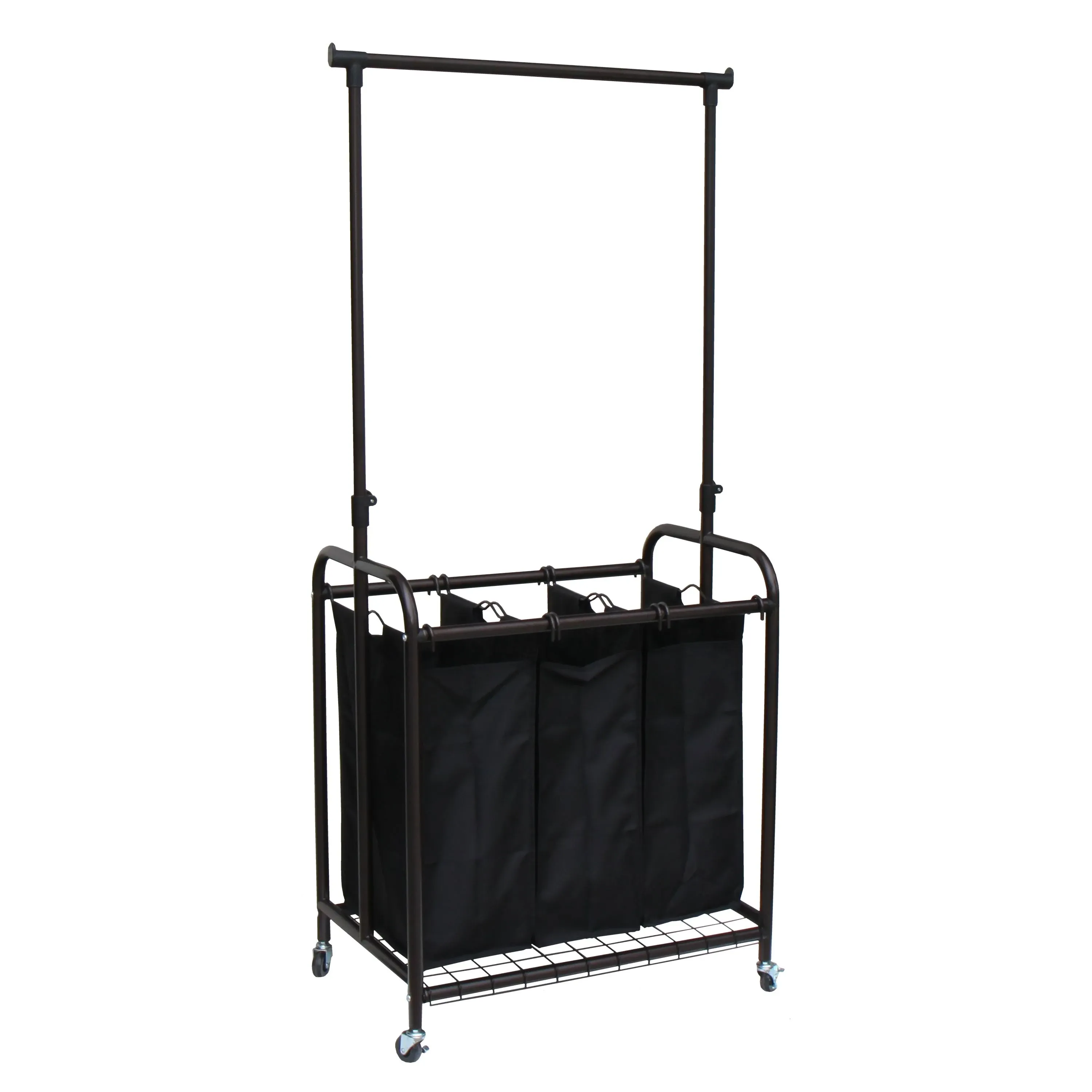 Oceanstar 3-Bag Bronze Rolling Laundry Sorter with Adjustable Hanging Bar