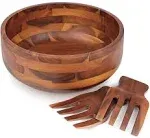 Acacia Wood Salad Bowl Set with 2 Wooden Hands, Large Salad Bowl with Serving