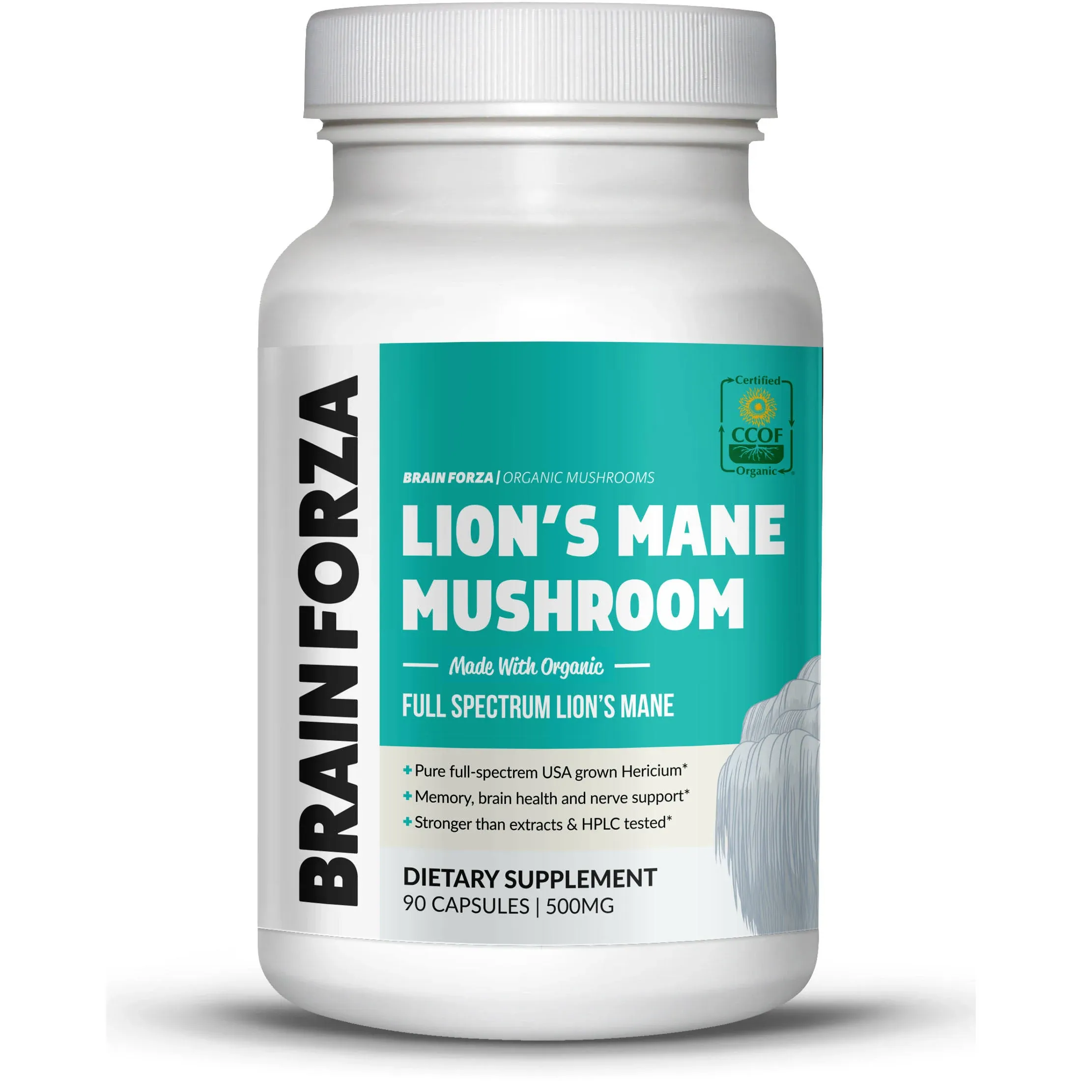 Brain Forza Organic Lion's Mane Mushroom Capsules, Natural Supplement for Memory Support, Focus, Clarity, Nerve Health, Non-GMO, Vegan, Organic, 90 Capsules