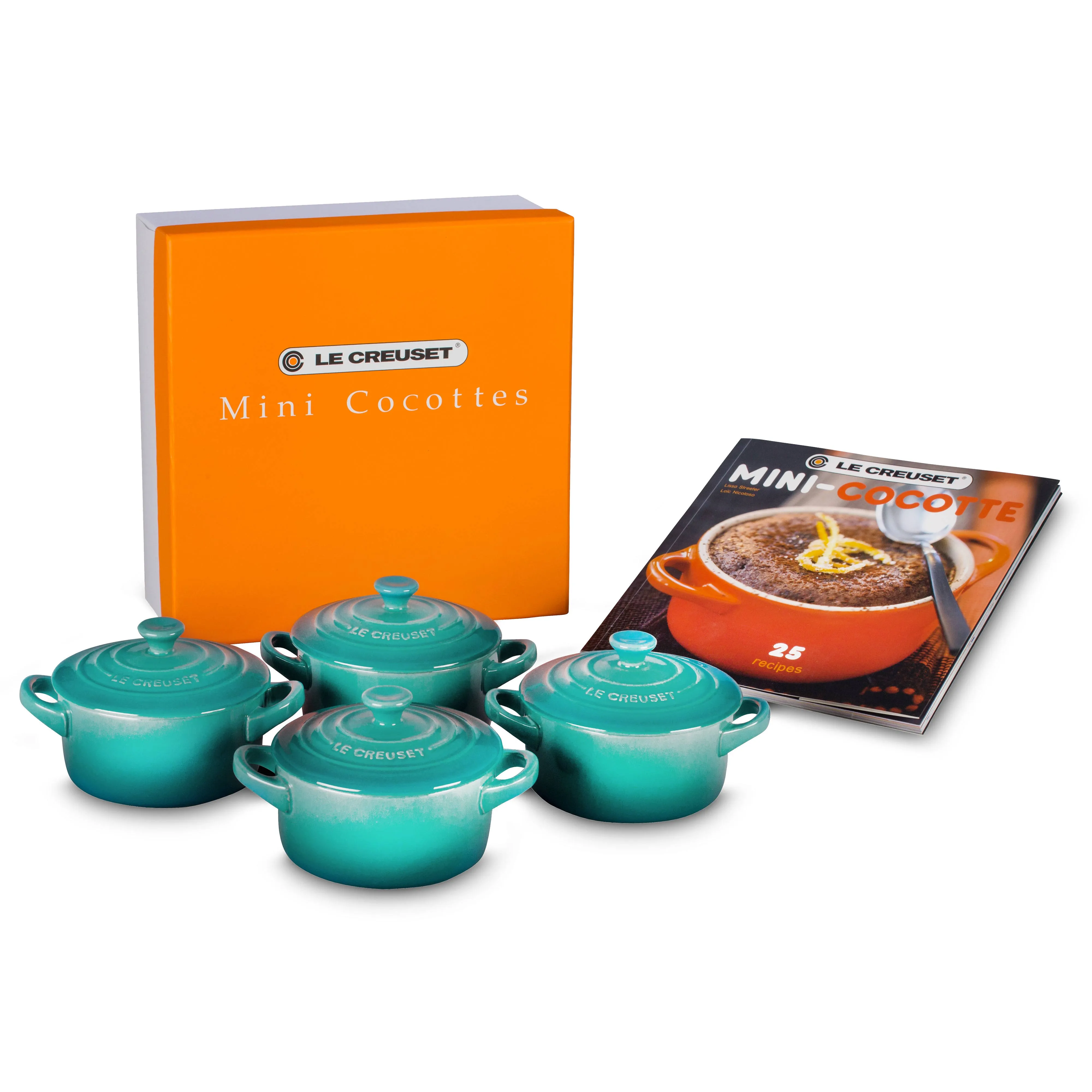 Le Creuset Stoneware Set of 4 Mini Cocottes with Cookbook Caribbean