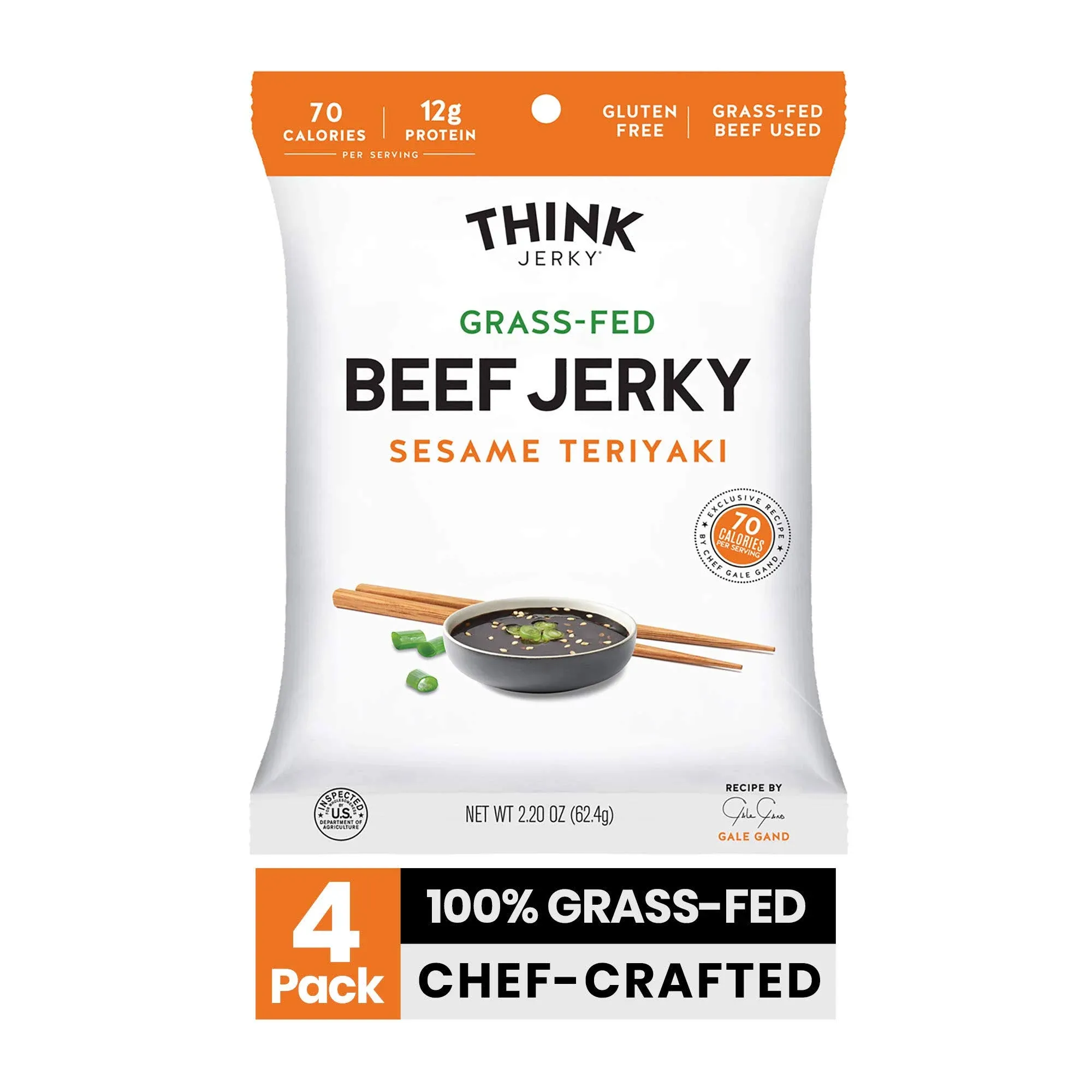 Think Jerky, Sesame Teriyaki Beef Jerky (2.2 Ounce Bags, Pack of 4 Bags) - Delicious Chef Crafted Jerky, Grass-Fed Beef Jerky, Gluten Free, No Antibiotics or Nitrates - Healthy Protein Snack, Low Calorie and Low Fat