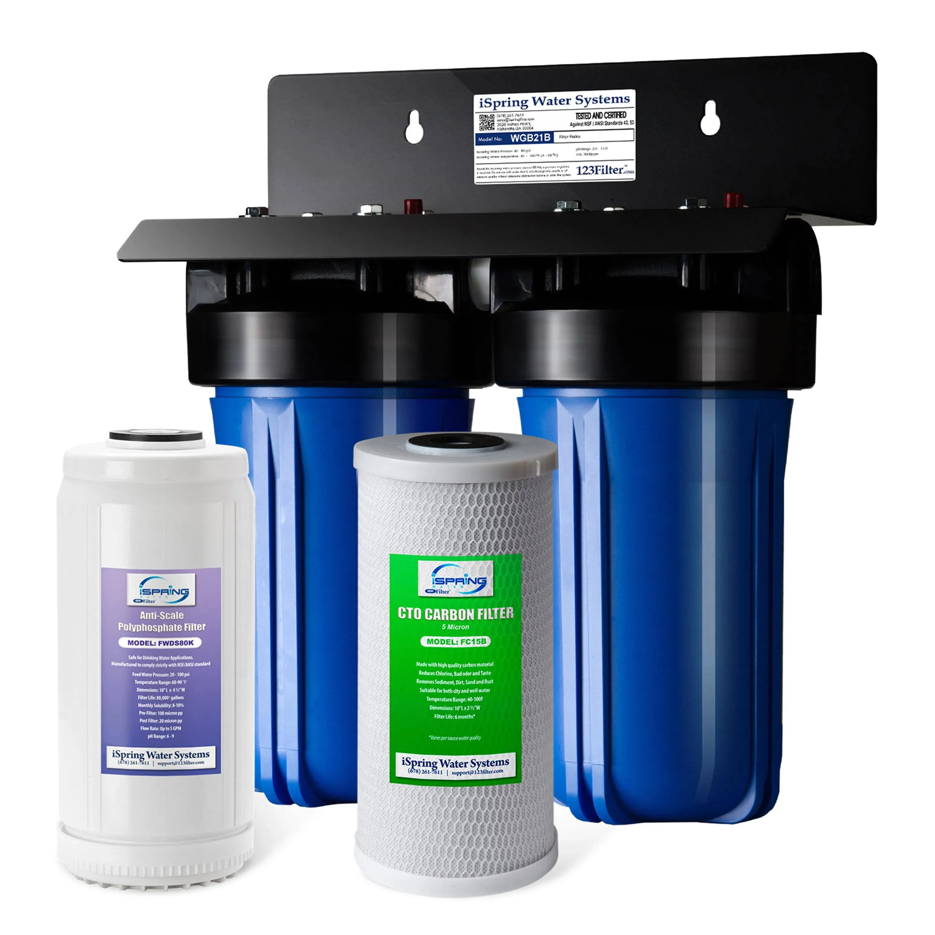 iSpring WGB21B-DS 2-Stage Whole House Water Filtration System, with 10 inch x 4.5 inch Sediment CTO(Chlorine, Taste, and Odor) Filter, Anti-Scale