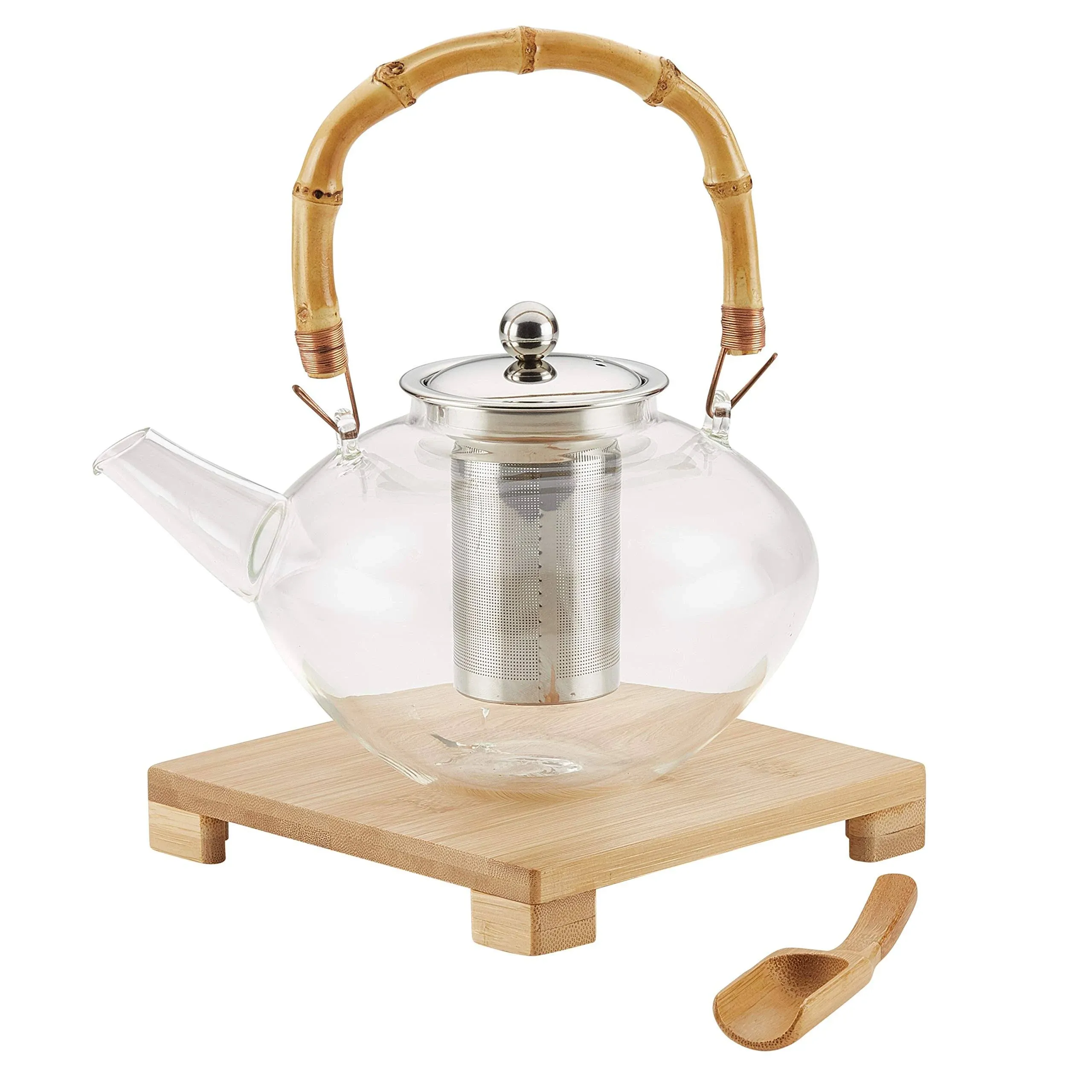 BonJour Tea Glass Zen Teapot with Stainless Steel Infuser and Bamboo Trivet, 34 Ounce, Clear