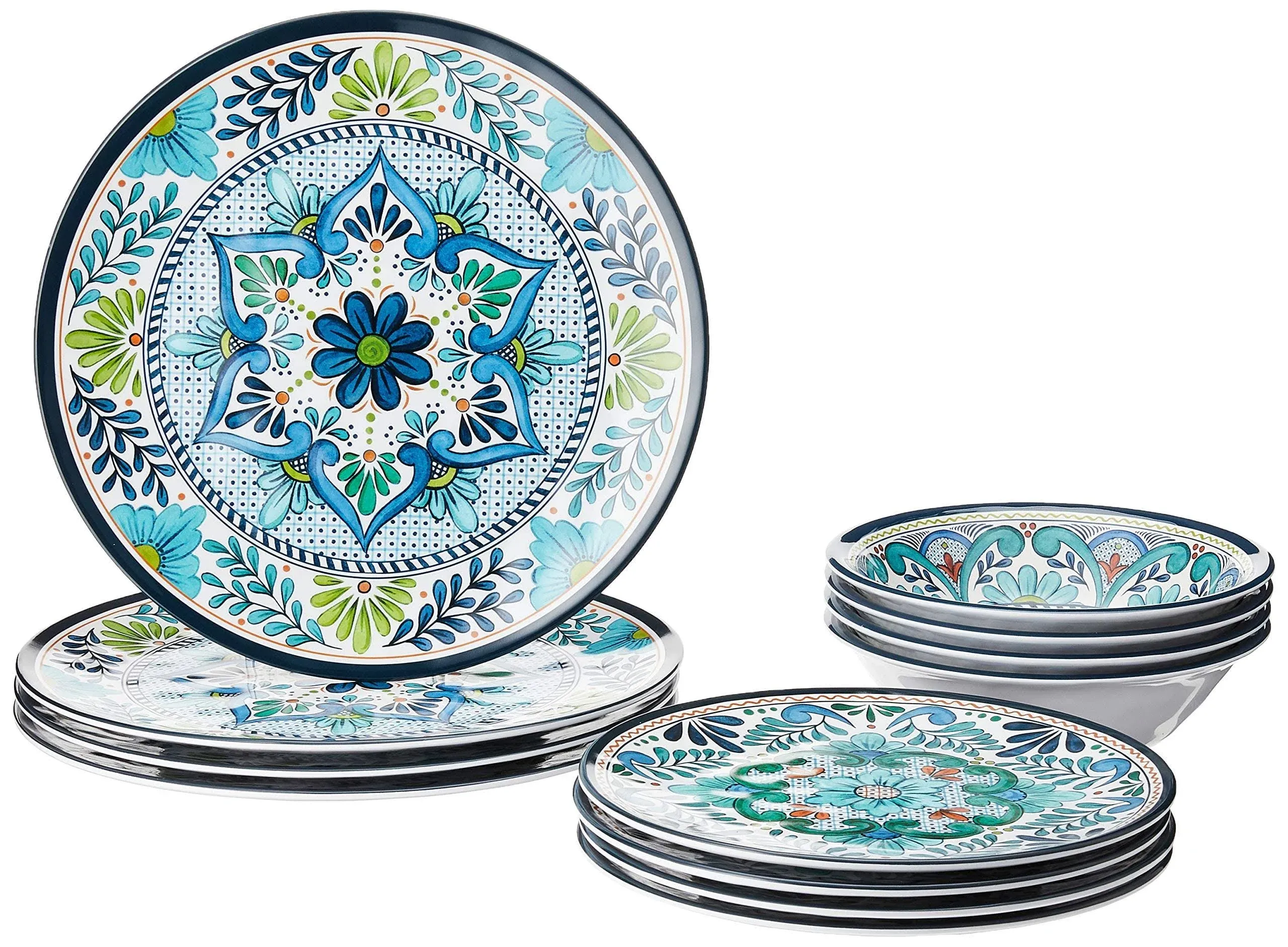 Talavera 12-Piece Country/Cottage Blue Melamine Dinnerware Set