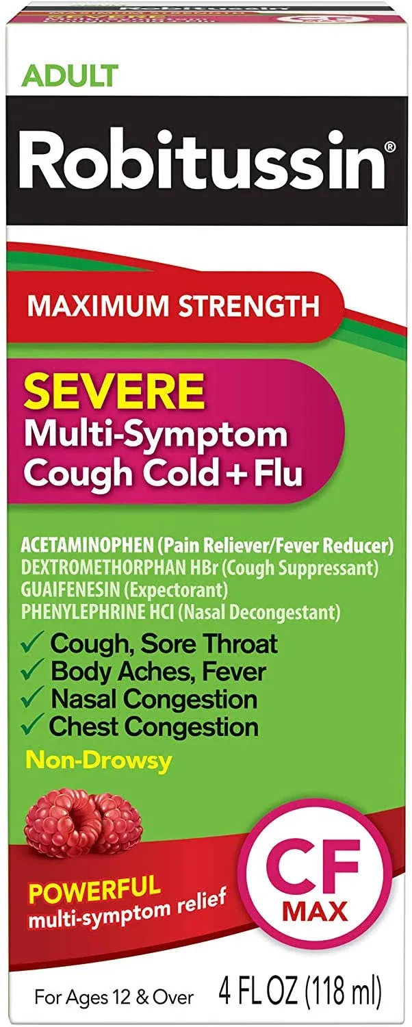 Robitussin Cough Cold + Flu, Multi-Symptom, Severe, Maximum Strength, Adult - 8 fl oz