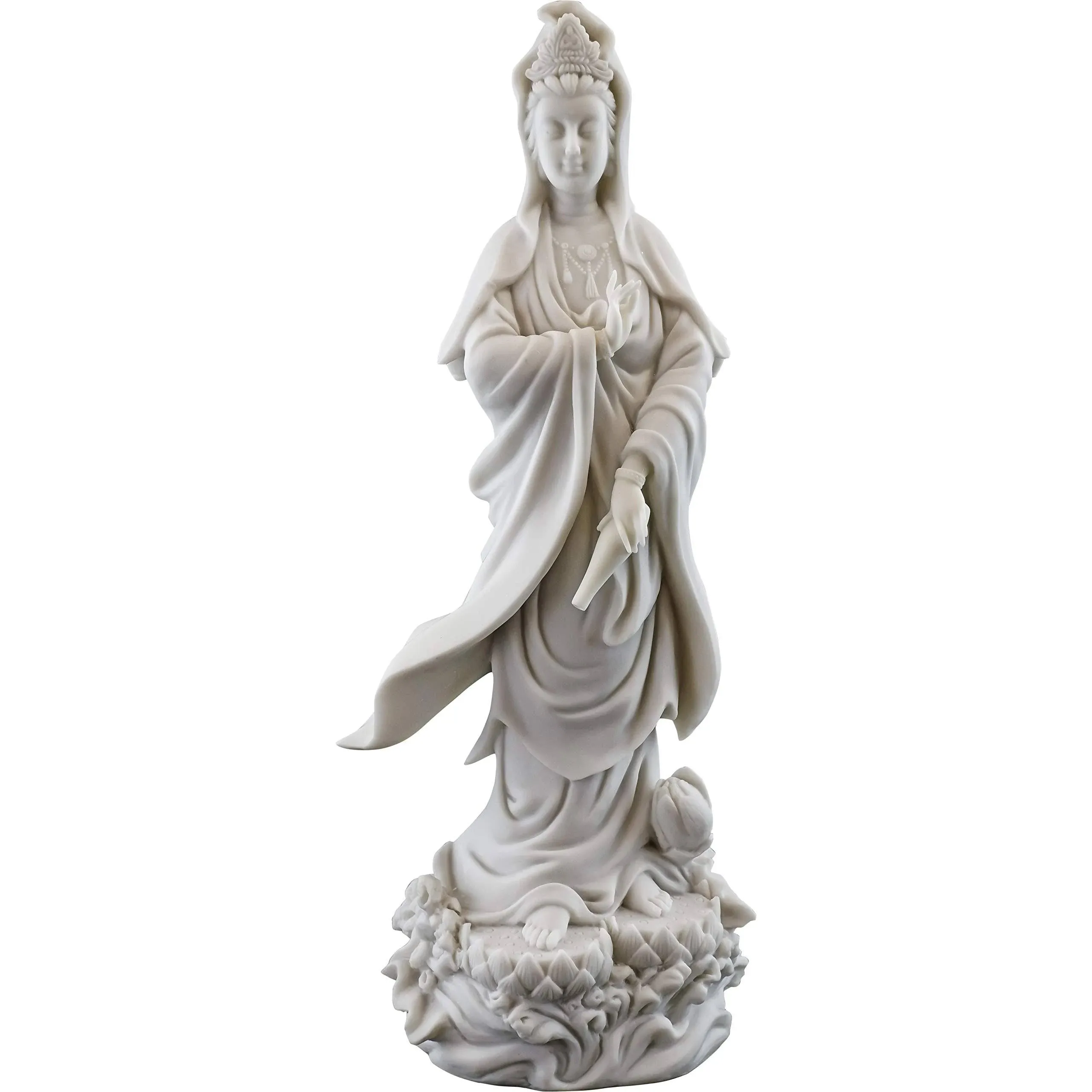 Top Collection Quan Yin Statue on Lotus Pedestal - Kwan Yin Goddess of Mercy and Compassion Sculpture in White Marble Finish- 12.5-Inch Buddhist Figurine