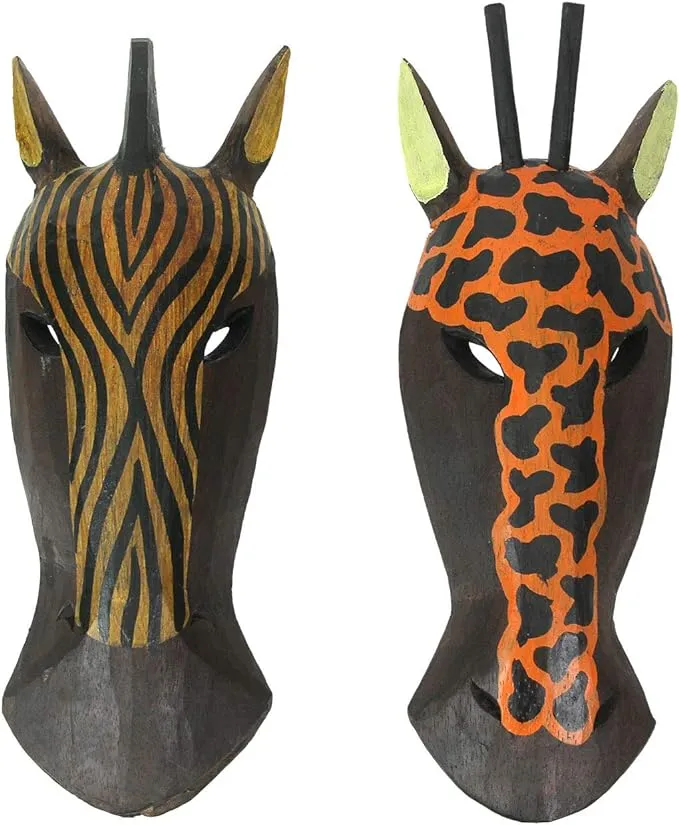 Pair of African Zebra and Giraffe Mask Wall Hangings 10 In.