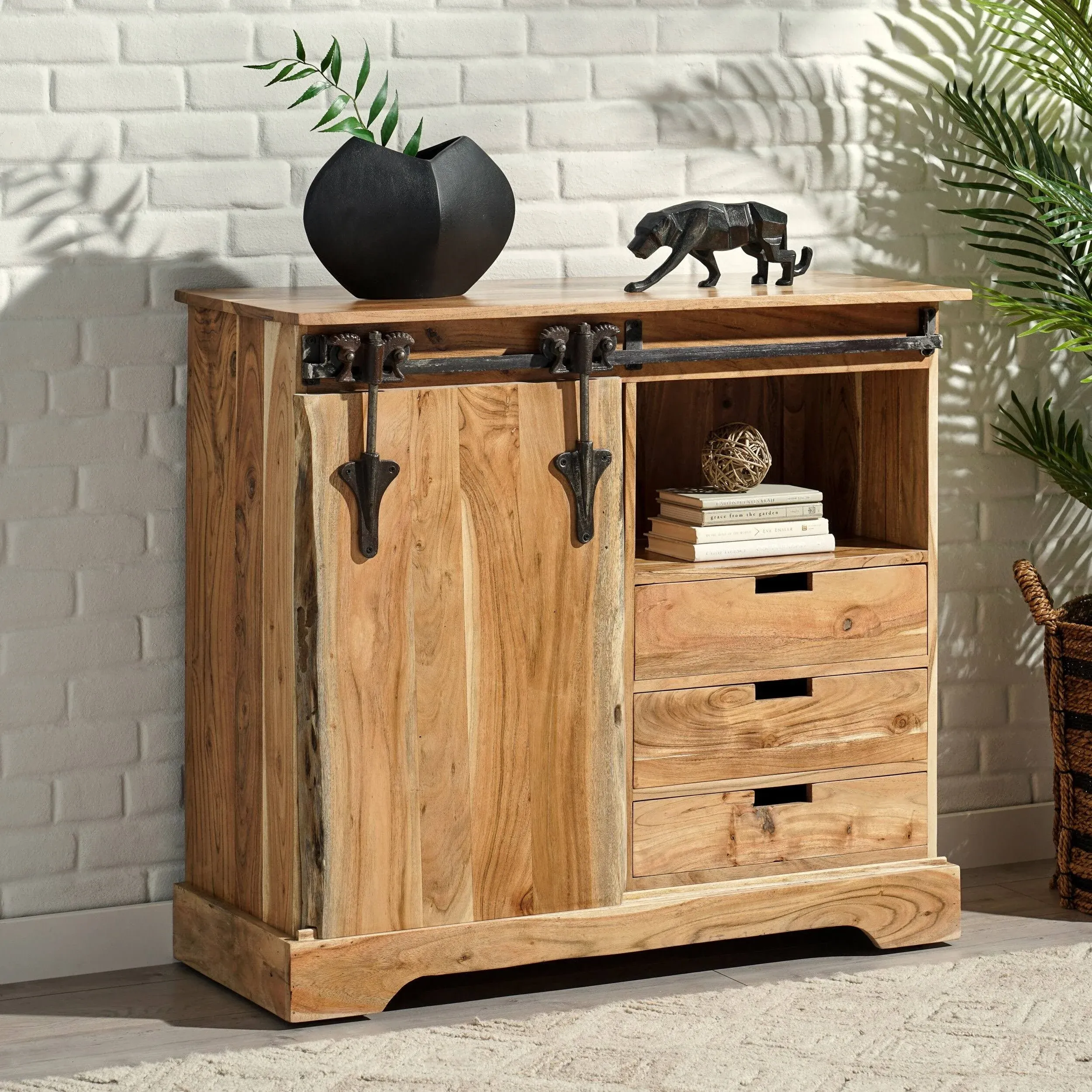 Laymon Modern Industrial Handcrafted Acacia Wood Live Edge Sideboard with Sliding Door Natural/Black - Christopher Knight Home