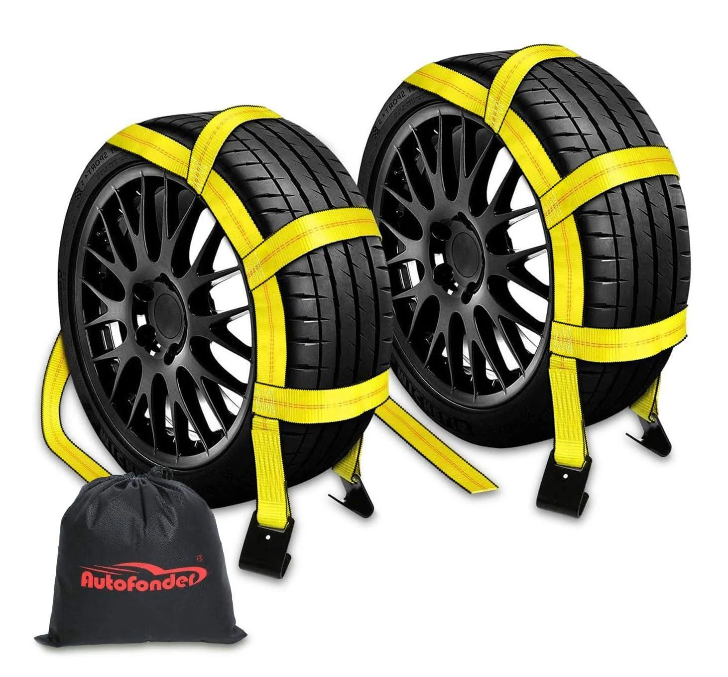 2Pc Tow Dolly Basket Straps with Flat Hook for 14"-17" Tires -10,000 lbs Breaking Strength Tire Bonnet&Tire Net -2” Over Wheel Car Basket Tie Down Straps with Carrying Bag