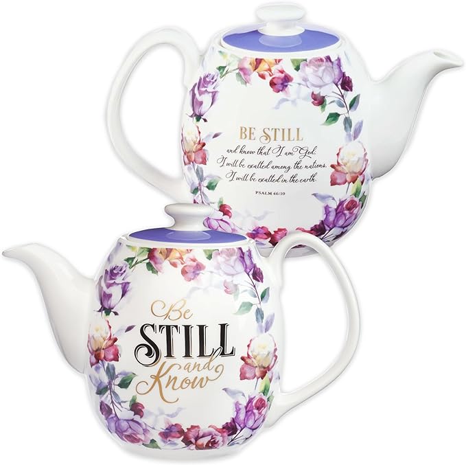 Christian Art Gifts Women's White Ceramic Teapot for One: Be Still and Know - Psalm 46:10 Inspirational Bible Verse, Novelty/Vintage Purple Rose Flower w/Golden Foil for Hot & Cold Liquids, 32 oz.