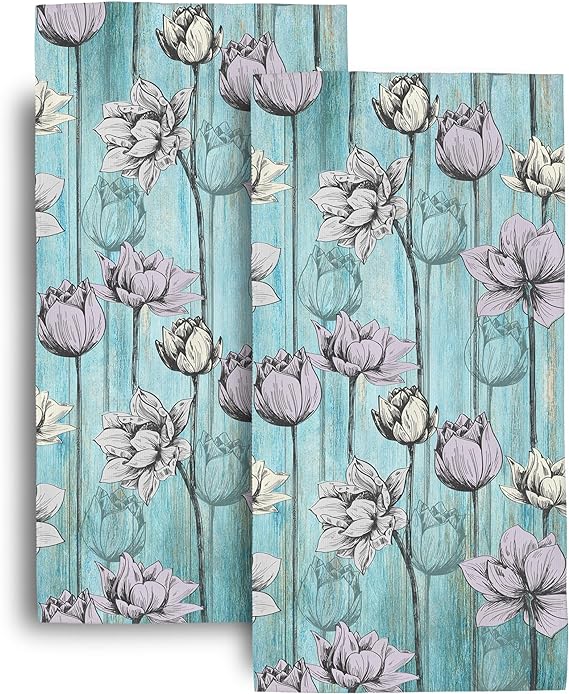 Flowers on Teal Wooden Bathroom Hand Towels for, Retro Floral Bath Hand Towels for Bathroom Decorative Set of 2 for Farmhouse Gym Kitchen Hotel Home Decorations