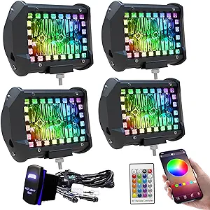 4PCS 4&#034; inch LED Pods Flood Work Light Bar with Multi-Color Chasing RGB Halo ...