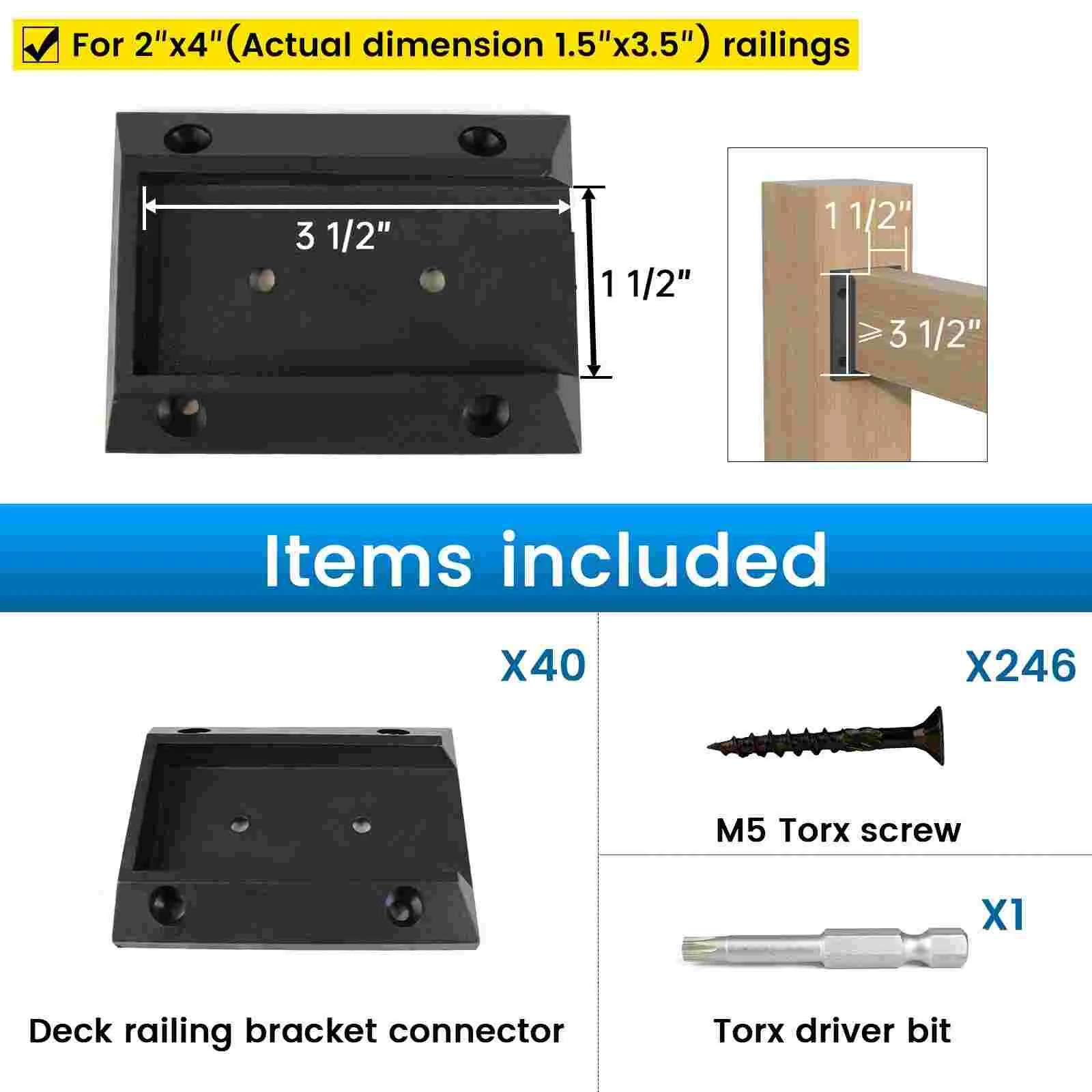 Muzata 40Pcs Deck Railing Brackets Connectors Rail Support Kit for 2x4(1.5"×3.5") Railing with 246pcs Screws Wooden Fence Handrail Wood Railing System Cable Railing Baluster Railing, WT11