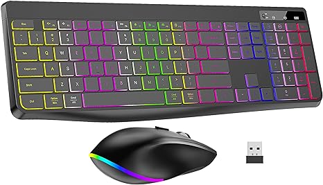 Wireless Keyboard and Mouse Combo Backlit,2.4Ghz Rechargeable Light Up Keyboard and RGB Mouse,Quiet Ergonomic Wireless Mouse Keyboard for Mac, Windows, Laptop, PC (Black)