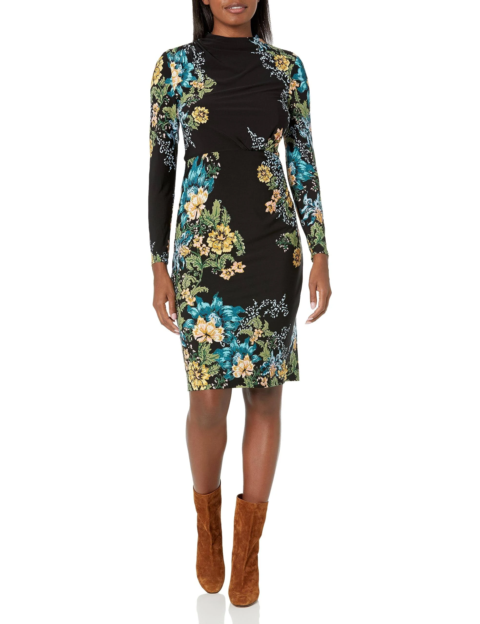 London Times Floral Print Long Sleeve Mock Neck Side Ruched Jersey Dress - 4