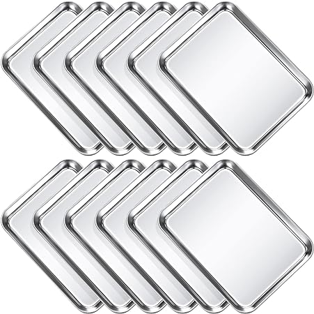 Baking Sheet Pan Set Cookie Sheet Small Toaster Oven Pans Stainless Steel Tray Barbecue Grill Pan Rectangle Trays Oven, Non-stick, Easy Clean(12 Pcs)