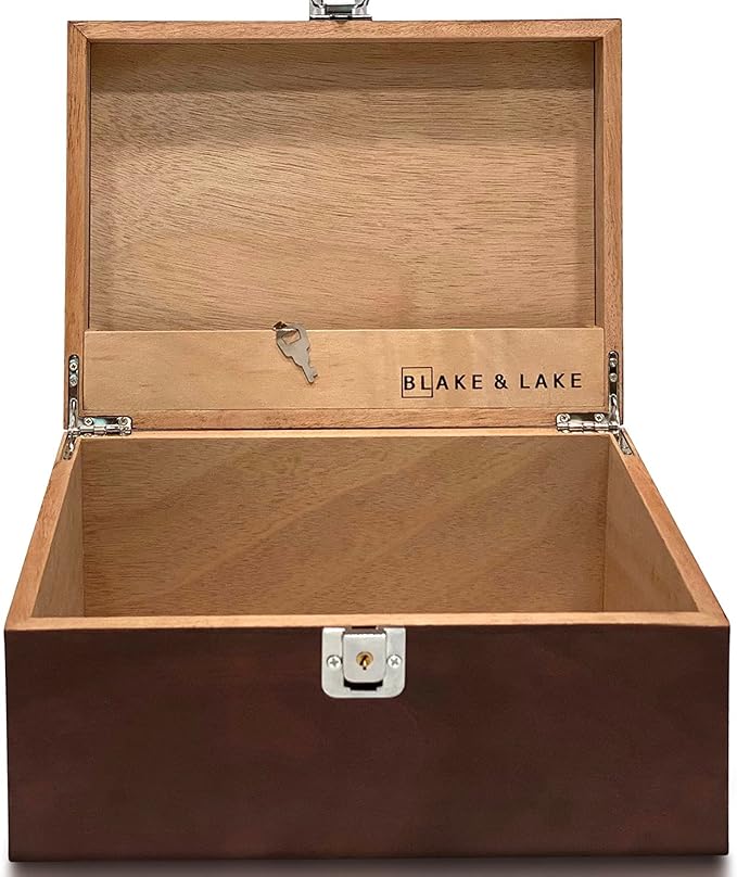 Blake & Lake Locking Wood Storage Box - Decorative box for Home or Office - Wooden Box with Hinged Lid Keepsake Box with Lock Oak Box for Home (Dark Oak)