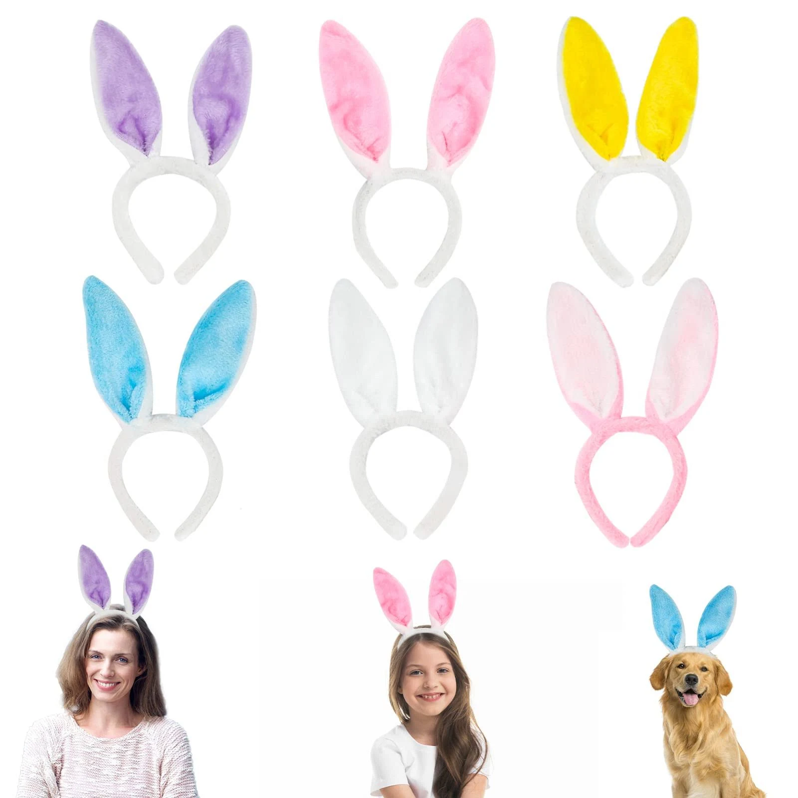 6 Pack Bunny Ears Headbands - Plush Easter Cute Rabbit Ears Headbands for Party Favor and Costume Decoration for Women Girls Boys Men