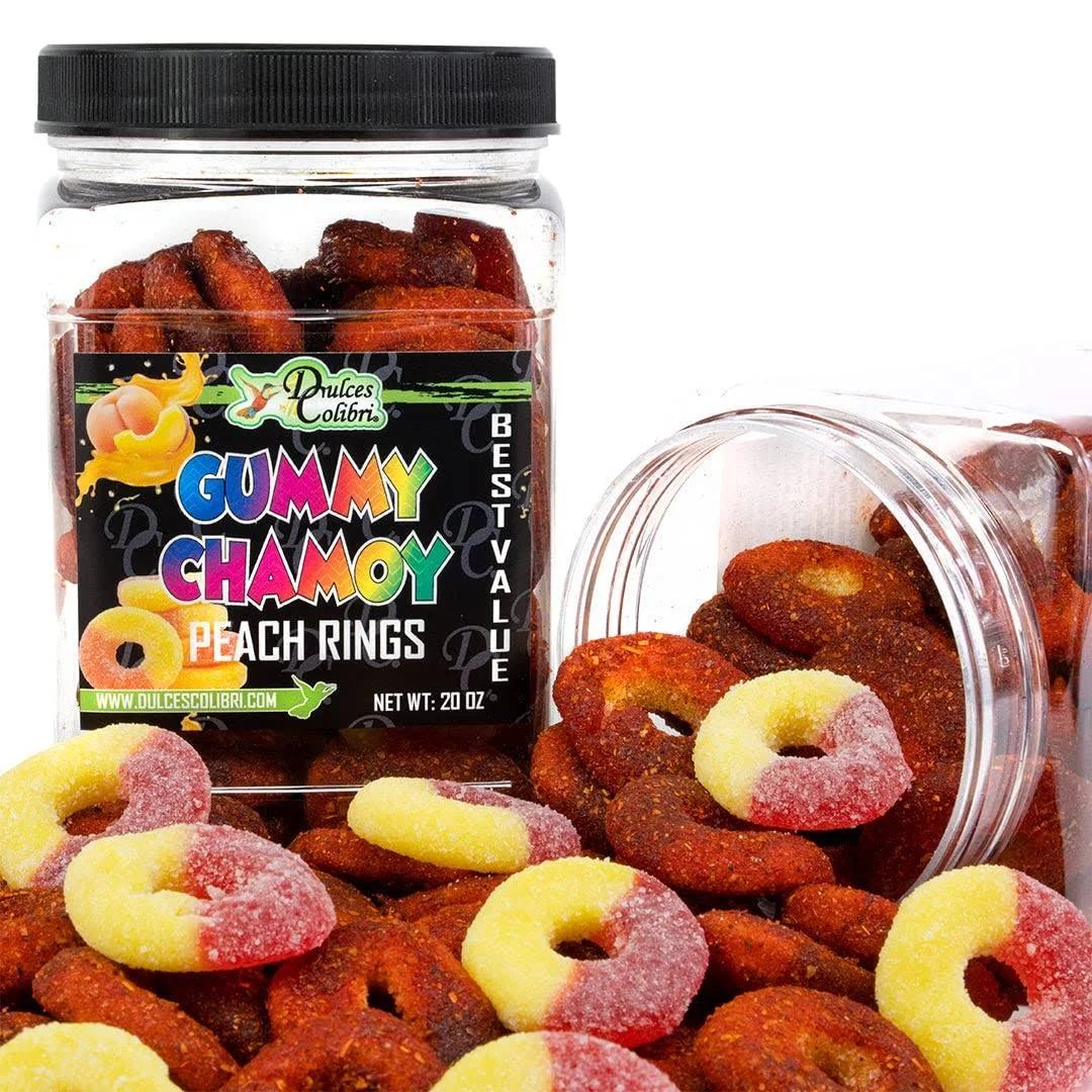 Dulces Colibri - GUMMY CHAMOY Peach Rings | Best Value Jar | Dry Chamoy Coated Gummies | Mess Free | Handmade to Order | Long Lasting Flavor | 20oz Jar | Mix & Match Eligible