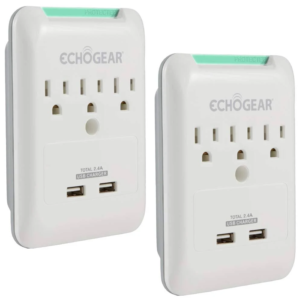 ECHOGEAR Outlet Extender Multiplug 2 Pack with 3 AC Outlets & 2 USB Ports – Low Profile Design Sits Just 1.1" from Wall - Protects Your Gear with 540 Joules of Surge Protection