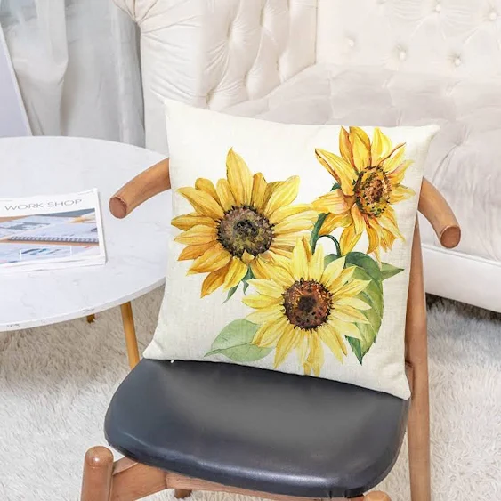 YeeJu Set of 4 Sunflower Decorative Throw Pillow Covers Square Cotton Linen Summer Cushion Covers Floral Plant Outdoor Couch Sofa Home Pillow Cases 20x20 Inch