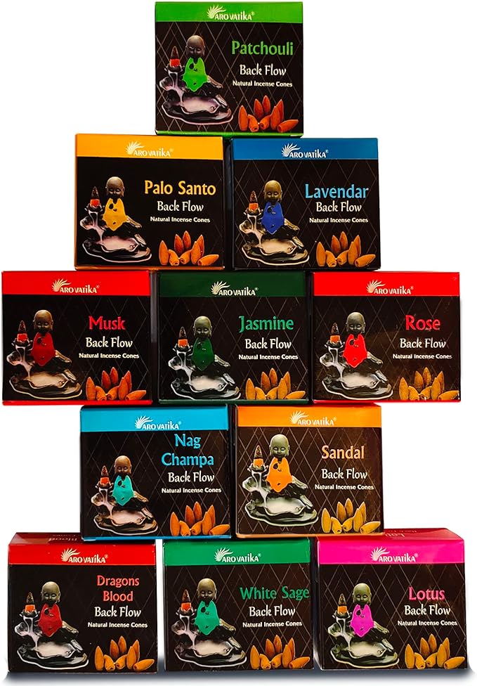 ARO VATIKA Backflow Natural Masala 120 Incense Cones | Pack of 12 Different Assorted Fragrances | for Home Fragrance & Prayers | Size 32mm | Burn Time- Approx 18 Minutes