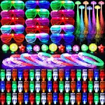 150 Pcs LED Light Up Toy Party Favors Glow In The Dark Party Supplies with 100 Finger Lights 15 LED Jelly Ring 15 LED Glasses 10 Bracelet 10 Fiber Optic Hair Light for Adult Kids Birthday Party