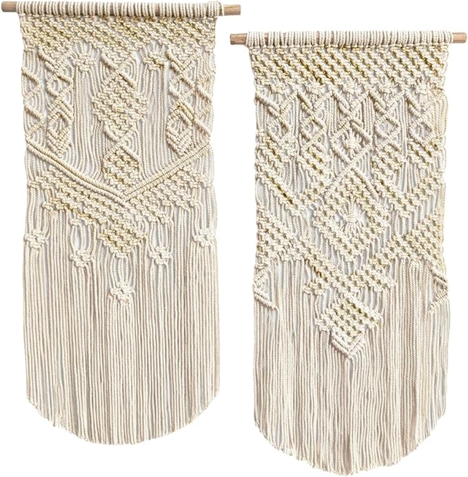 LIVALAYA Boho Macrame Wall Hanging Woven Decor, 24”L x 13”W, Set of 2, Beige wall decor Modern Bohemian Farmhouse woven wall hangings for House Apartment Dorm Room, Nursery, Geometric Aztec Décor