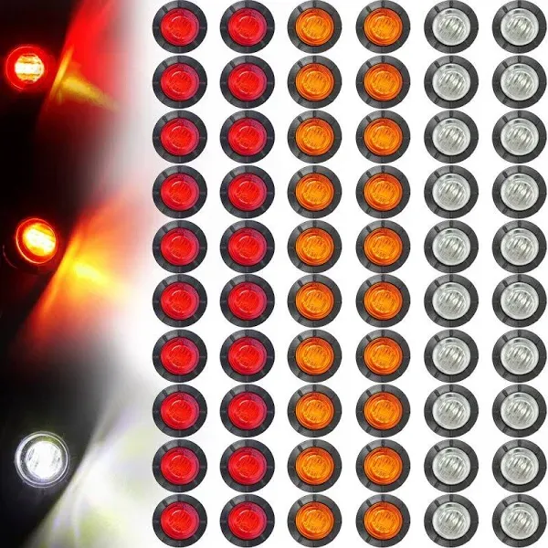 Tuanse 60 Pack Trailer Lights Bulk 3/4 Inch LED Marker Side Button Indicator Chicken Lights Front Rear Turn Signal Round Lamp Waterproof for Truck, Boat, RV, Van, Pickup, ATV 12V DC, Amber Red White