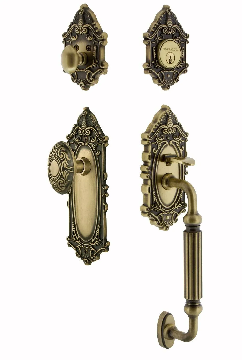 Nostalgic Warehouse 719394 Victorian F Grip Entry Set, Backset - 2.375", Antique Brass