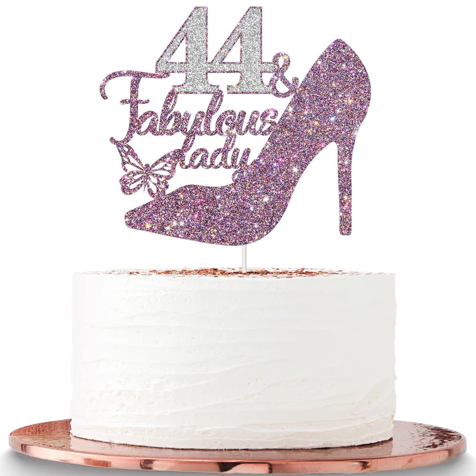 44 & Fabulous Cake Topper, Happy 44th Birthday Party Decoration Supplies Photo Booth Props, 44 & Fabulous Lady Cake Decor - Purple Glitter