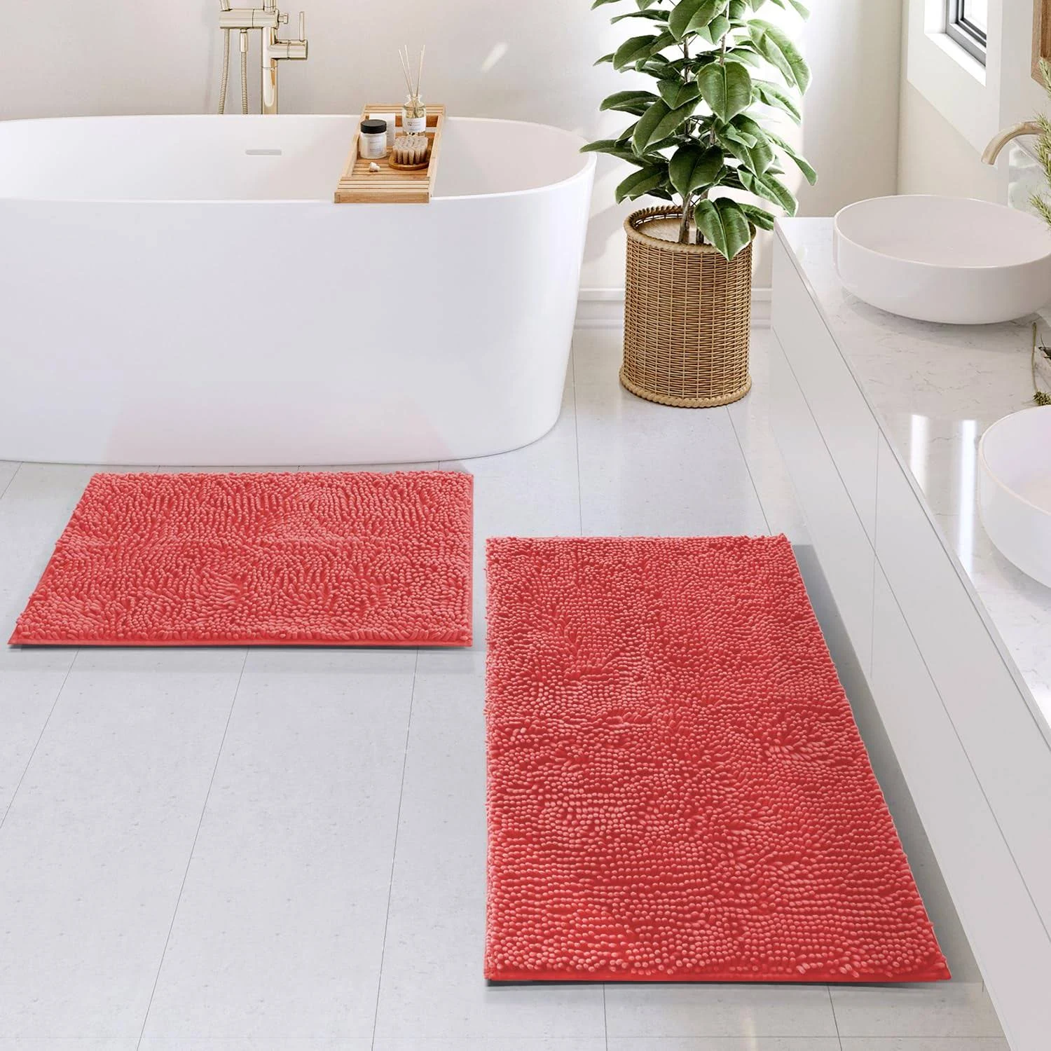 Hearth & Harbor Bathroom Rugs Sets 2 Piece, Chenille Bath Mat Set - Machine Washable Bath Mats for Bathroom Non-Slip Backing Rubber Quick Dry Bathroom Mat - Rose Bath Rug, 17x24-20x32