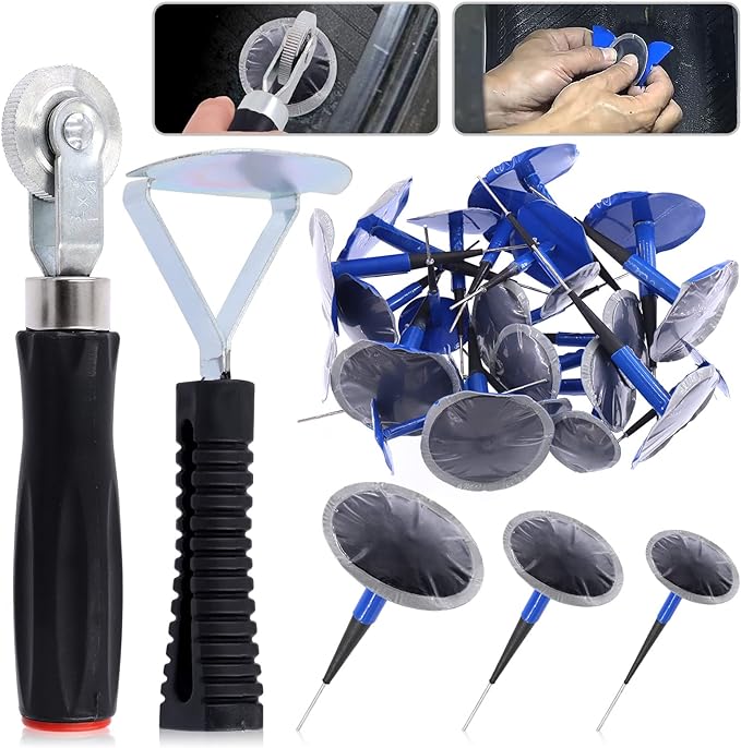 Glarks 26Pcs Tire Repair Patch Tool Kit Including 1Pc Tire Patch Roller, 1Pc Tire Inner Liner Scraper and 24Pcs 4mm/6mm/9mm Tire Repair Patch Plug for Car, Motorcycle, Electric Vehicle Repairing