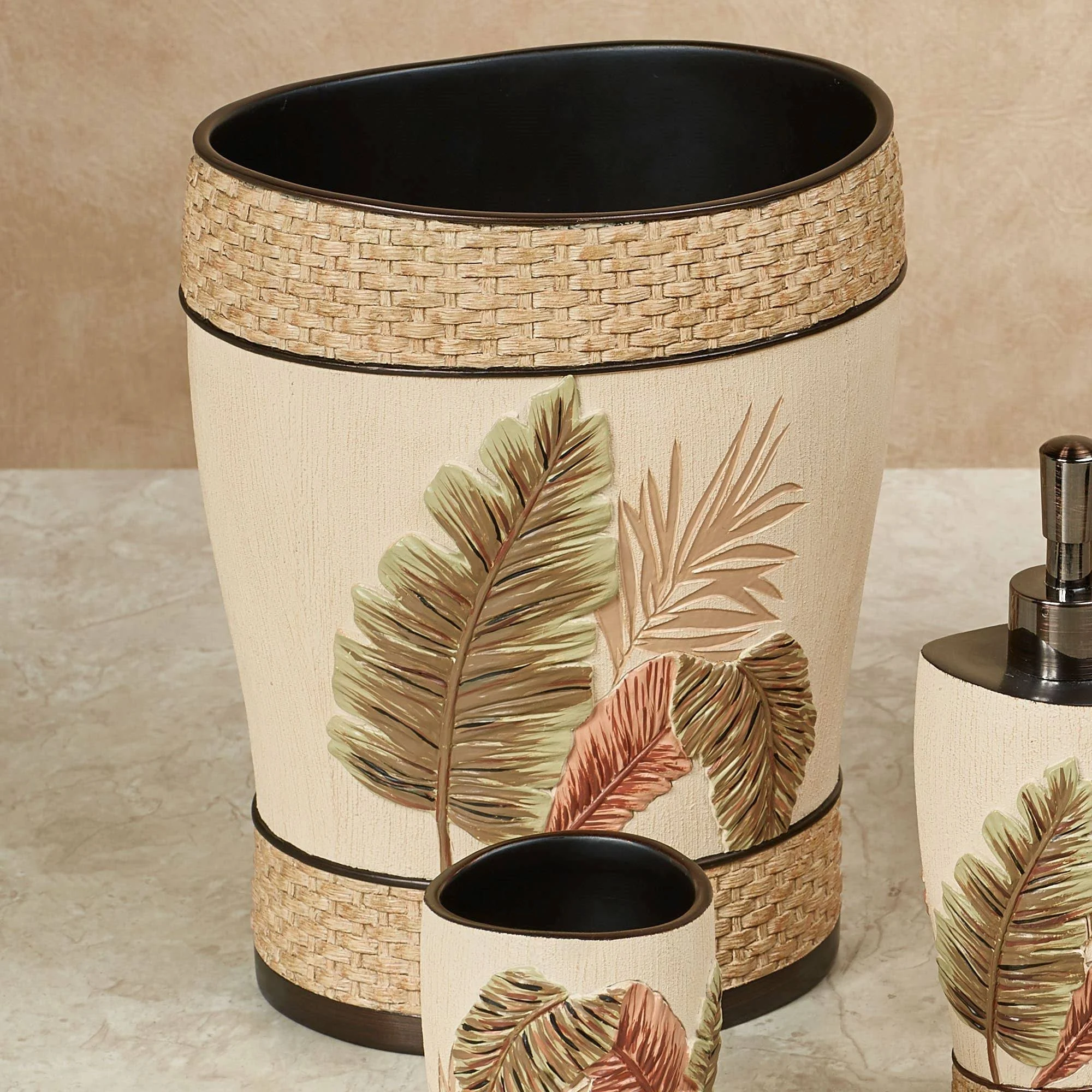 Key West Handpainted Tropical Wastebasket Multi Warm Fern Leaf