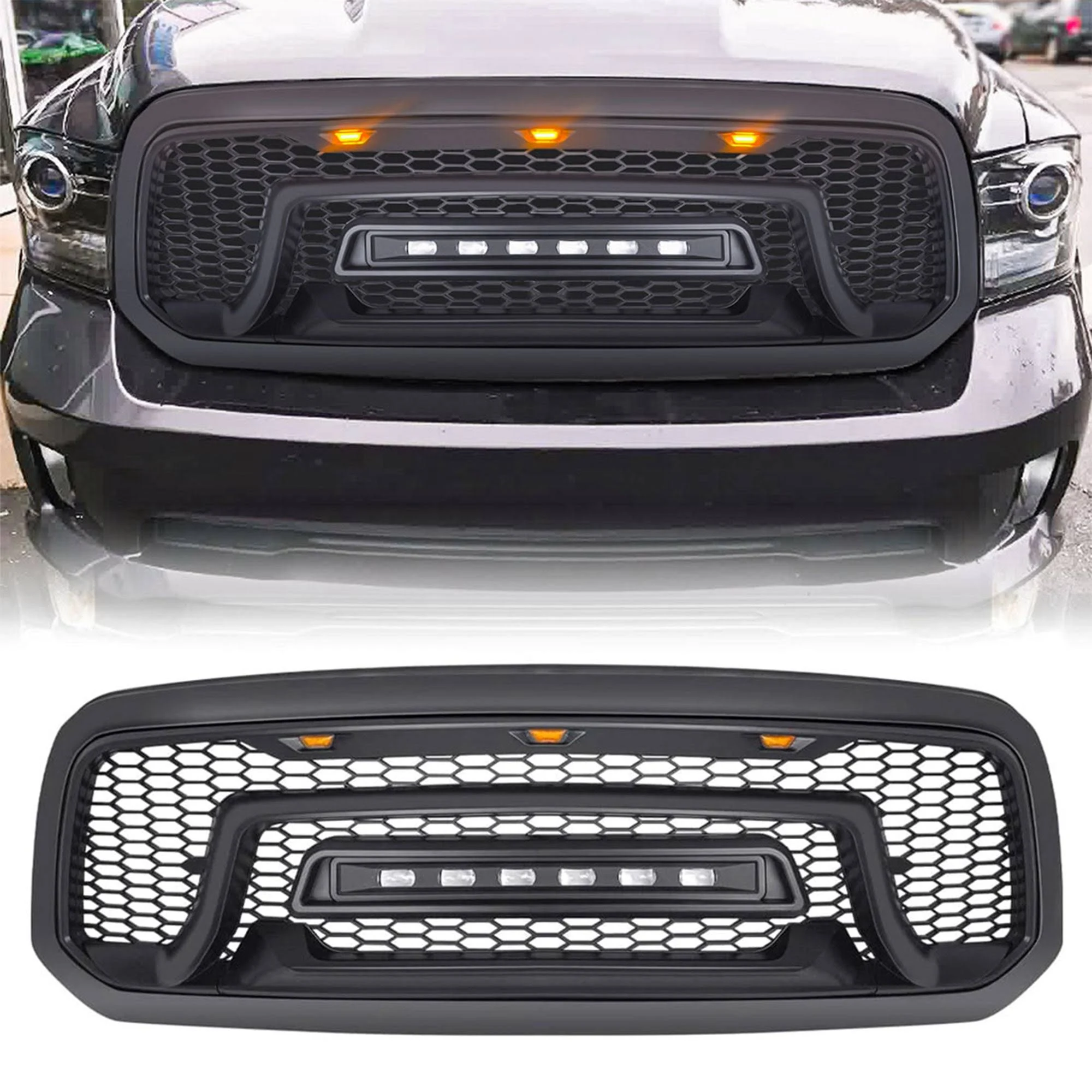 AMERICAN MODIFIED Front Grille Compatible with 2013-2018 Dodge Ram 1500, Replacement Grill w/Off-Road Lights, Matte Black