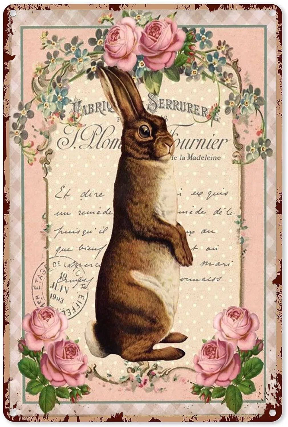 WZVZGZ Metal Vintage Tin Sign Decor Standing Easter French Rabbit Vintage Tin Sign for Office/Home/Classroom Decor Gifts - Best Birthday/Thanksgiving 5.5x8 Inch Wall Art Sign Wall Decor