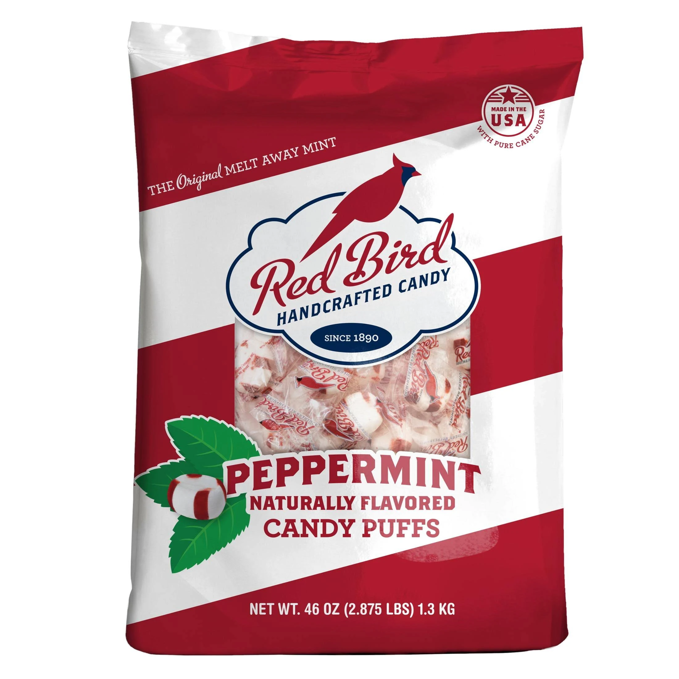 Red Bird Soft Peppermint Candy Puffs 52 oz Tub, Mints are Individually Wrapped, Gluten Free, Kosher, Free from Top 8 Allergens, Made with 100% Pure Cane Sugar