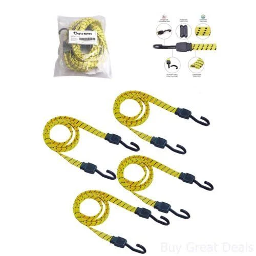 Ultra 48″ Black/Yellow Flat Bungee Cord with Ultra Hook, 4Pk X 48″