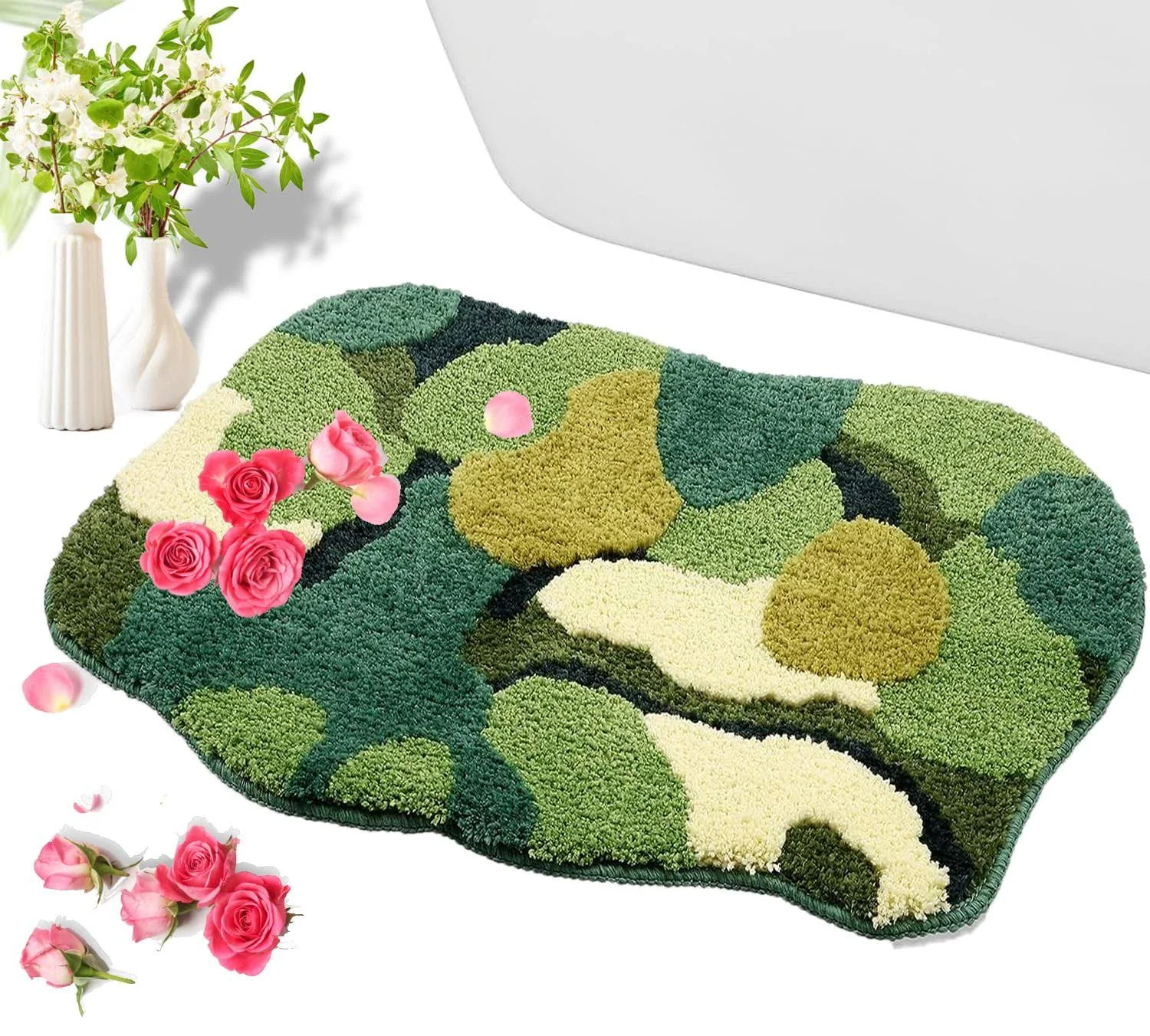 Moss Leaf Bathroom Rugs Non-Slip Moss Floor Carpet Boho Indoor Bath Mat Super Absorbent Moss Rug Machine Washable Fade Resistant Shower Green Area Rug for Toilet Front Door Entryway Doormat Décor