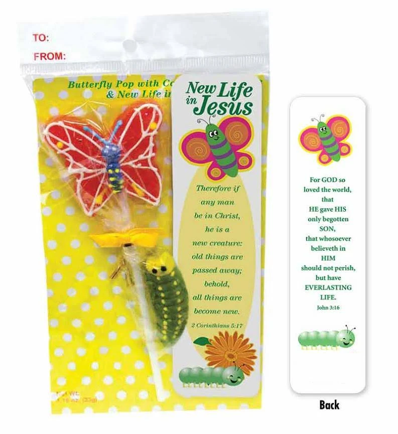 Scripture Candy, Butterfly Pop w/Caterpillar Gummy, Activity Sheet & Bookmark Set, 12 Count