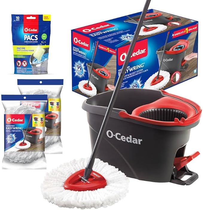 O-Cedar EasyWring Microfiber Spin Mop & Bucket Floor Cleaning System + 2 Extra Refills, Red/Gray