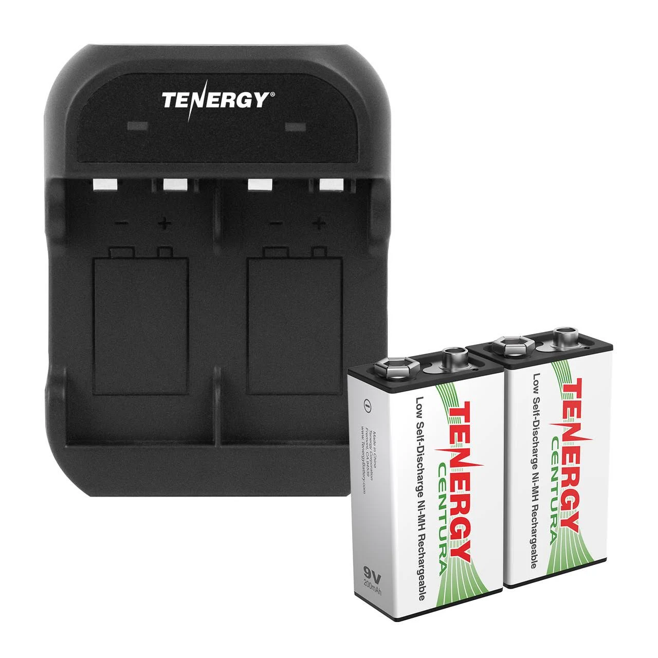 Tenergy TN141 2-Bay 9V Smart Charger + 2 Pcs Centura Low Self-Discharge 9V 200mAh NiMH Rechargeable Batteries, White