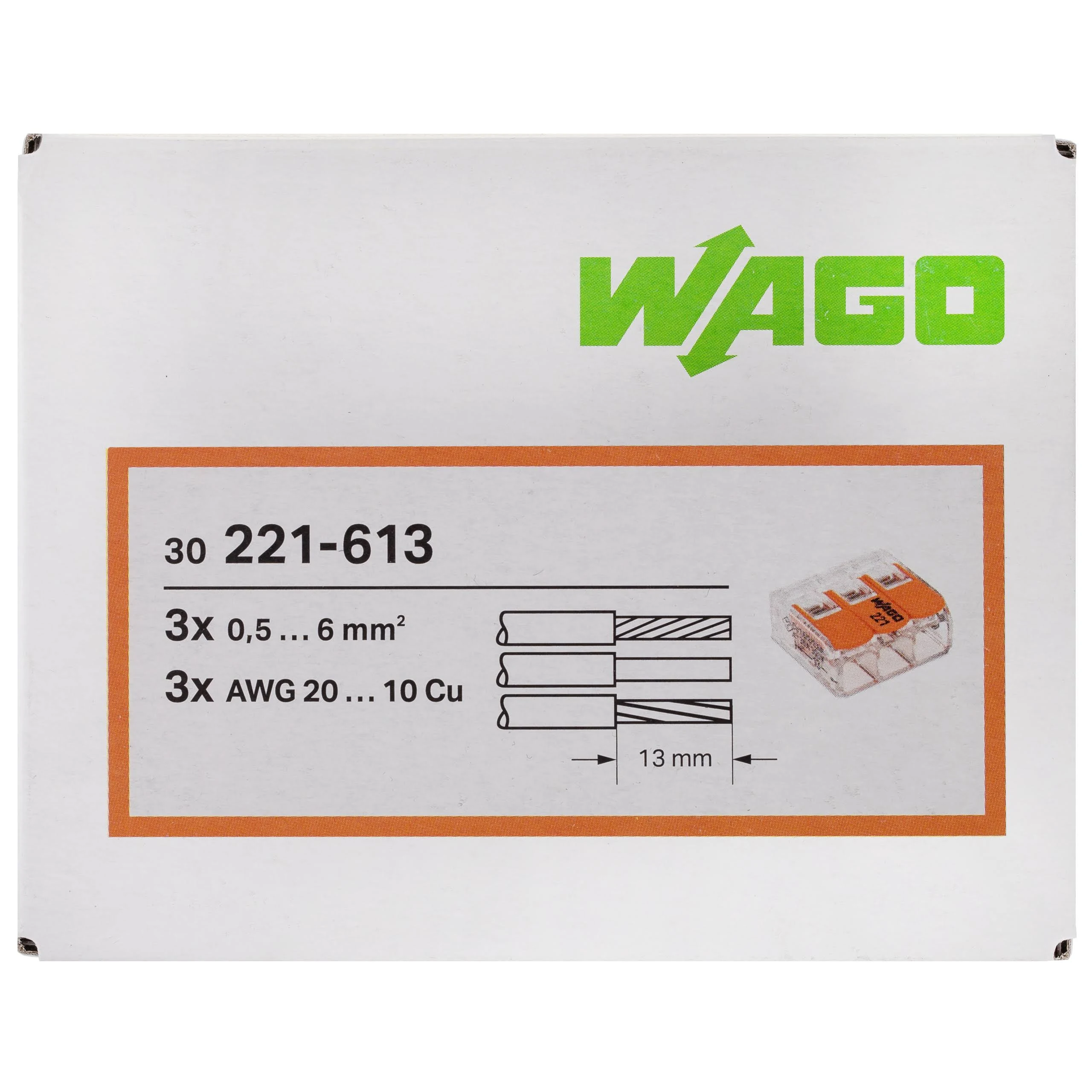 Wago 221-613/K194-4045 Compact Splicing 10 AWG Connector 3-Conductor Terminal Block