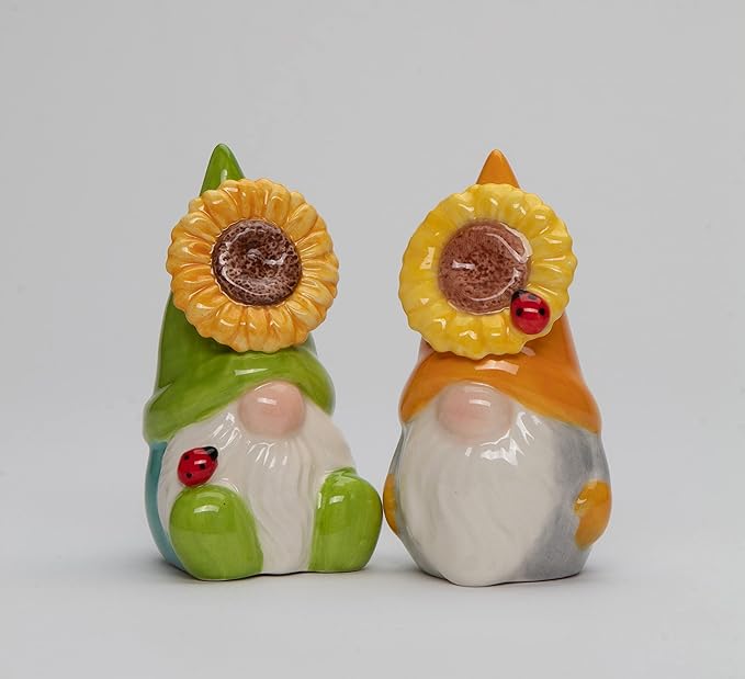 Fine Ceramic Sunflower Lady Bug Gnome Salt & Pepper Shakers Set, 3-3/4" H